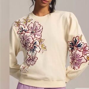 Anthropologie Cream Top with Floral Embroidery